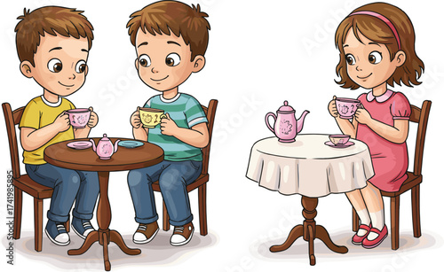 Kids tea party with cups and teapots, boys and girl playing pretend, cute childhood moment, fun indoor playtime together