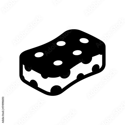 Black and white illustration of a sponge with circular holes cleaning supplies.