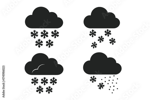 Set of Black Cloud and Snow Icons, Snowfall and Snowstorm Weather Symbols, Vector Illustration of Snowflake Patterns, Transparent Background, Winter Weather Elements, Seasonal Storm Icons