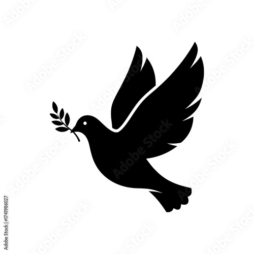 Dove of peace with olive branch in beak flying forward black silhouette.