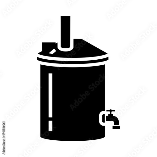 Brewing tank with tap a cylindrical container for brewing beer black and white illustration.