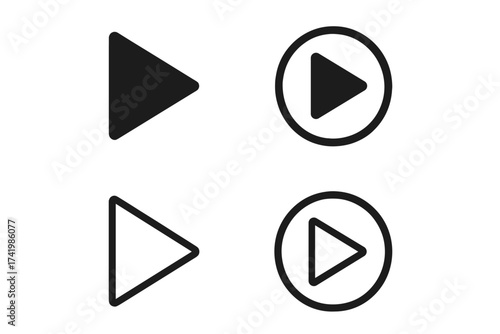 Play video button icon vector set. Start media player symbol collection. Web and app UI element. Triangle and circle signs for multimedia interface. Solid and outline glyphs.