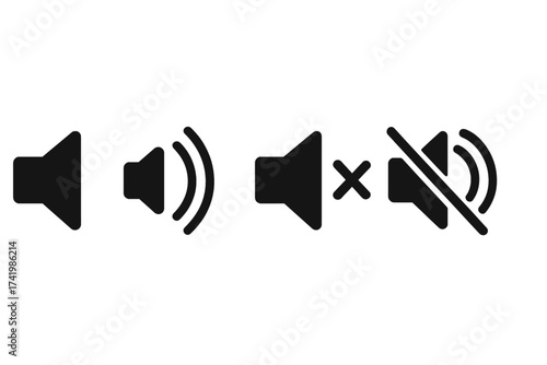 Sound audio icons set, volume control symbols, speaker sound buttons, mute and unmute icons, vector illustration isolated on white background, transparent background, multimedia interface