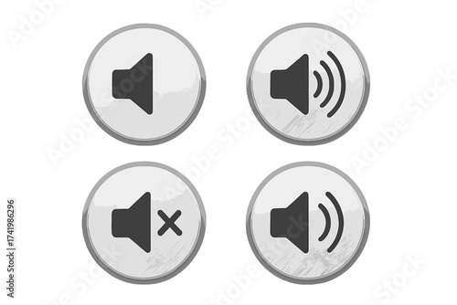 Vector speaker icons with sound waves and mute symbols, realistic round buttons set, audio control symbols, volume on/off buttons, multimedia interface vector illustration, transparent background