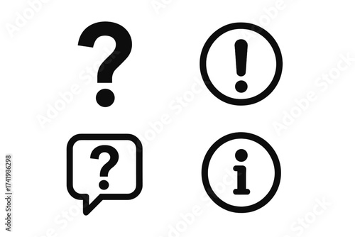 Question mark, information, exclamation point icon set. Help symbol, FAQ sign, support concept. Alert, problem, warning vector. UI web button collection. Flat design isolated.