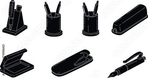 Office desk accessories silhouette collection, pen holders, staplers, inkwell, business card box, black vector icons for workspace organization.