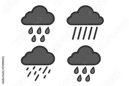 Rainy weather icon set. Cloud and rain vector symbols. Meteorology forecast graphic. Simple flat design pictogram collection for climate, precipitation, storm, downpour, wet season.