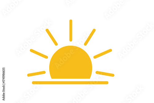 Minimalist sunset icon with downward arrow, vector sun symbol on round design, bright yellow sunny horizon, simple modern graphic illustration, transparent background, ordered set design