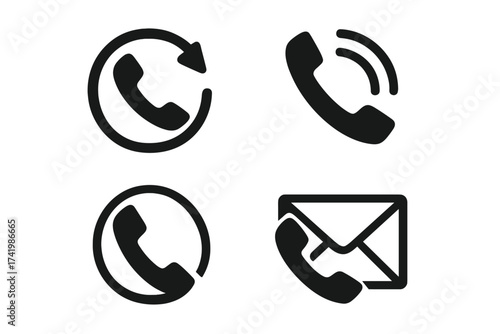 Telephone call icons set with contact us symbols, phone receiver with circular arrows, ringing phone, and envelope mail communication vector illustration, black silhouette