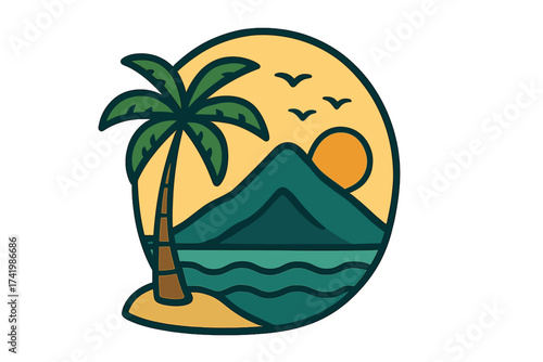 Saint Vincent travel logo for tourism or t-shirt design. Tropical island badge with beach, palm tree, volcano, and sea. Caribbean summer vacation vector illustration.