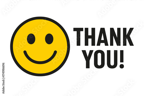 Bright yellow smiley face emoticon with bold "THANK YOU!" text, cheerful gratitude illustration, vector graphic with transparent background, positive expression symbol, appreciation concept