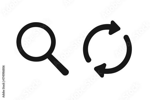 Search icon and refresh data symbol set. Magnifying glass for finding information and circular arrows for updating or reloading. Sync results, lookup, web design UI UX element.