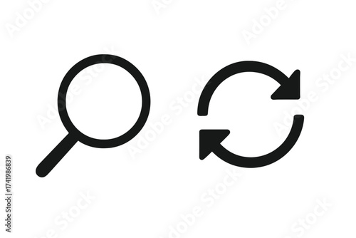 Search icon vector set. Update, refresh data symbol collection. Magnifying glass for find, research, explore. Reload arrows for sync, process loop. Flat UI UX web button.