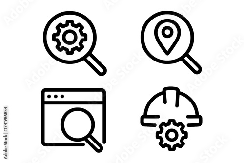 Search optimization and engineering icon set. Line art vector symbols for web analysis, SEO, local search with map pin, and industrial settings. Magnifying glass icons.