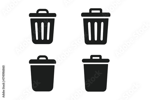 Trash can icon vector illustration, garbage bin symbol with transparent background, set of clean waste container graphics, recycling and rubbish disposal concept for environmental design