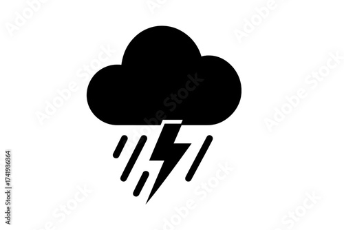 Storm cloud with rain and lightning bolt icon. Weather symbol for forecast and meteorology. Thunderstorm vector illustration. Bad weather, downpour, and bolt concept.