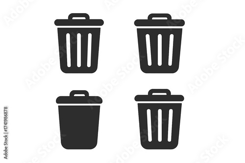 Trash can icon set, garbage bin vector symbols, rubbish container silhouette illustrations, waste management, recycling, cleanup, transparent background, ordered design elements