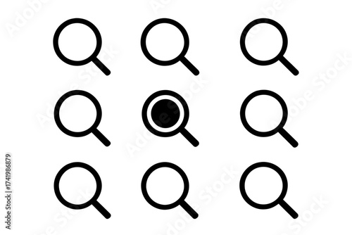 Searching data icon collection. Search magnifying glass icon set for web and user interface design. Vector lupe symbol for finding information, analysis, and discovery.