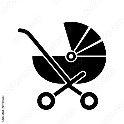Black and white baby stroller icon on white background.