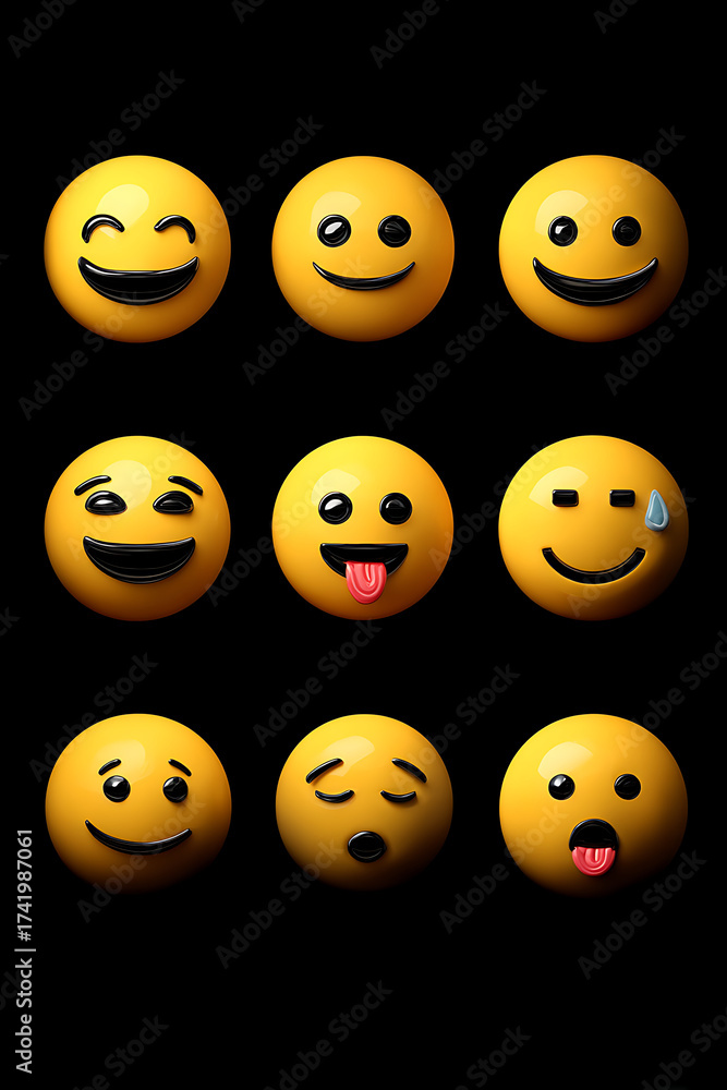 Fototapeta premium A vibrant collection of nine expressive emojis showcasing various emotions against a black background
