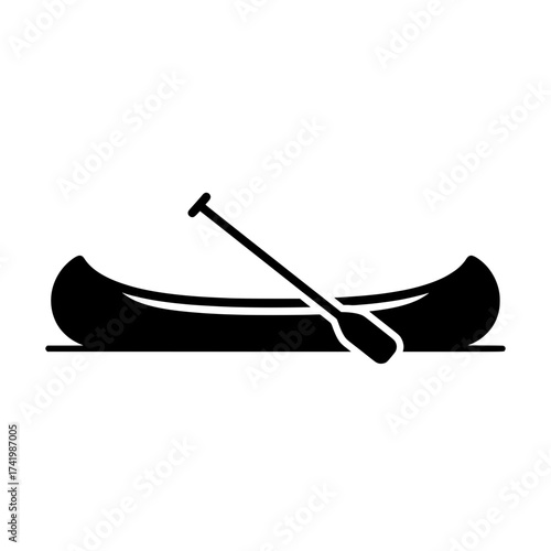 Canoe with Paddle on Water A Simple Black and White Illustration.