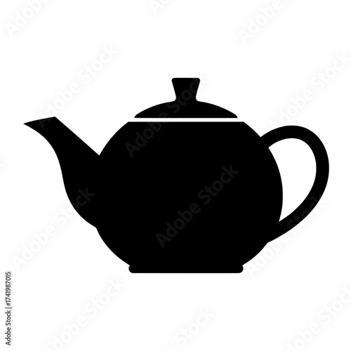 Black teapot with handle and spout isolated on white background simple design.