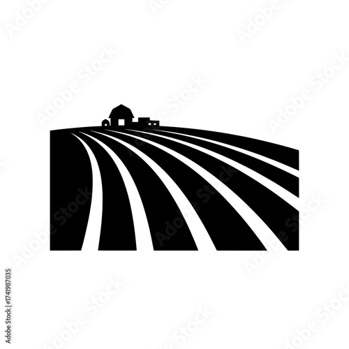 Farm field with barn and crops agricultural landscape farming concept harvest season rural scene.