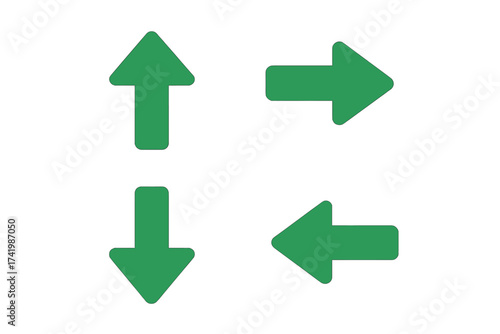 Green arrow icons set with transparent background, directional symbols including up, down, left, right arrows, vector illustration for navigation, user interface, pointer design