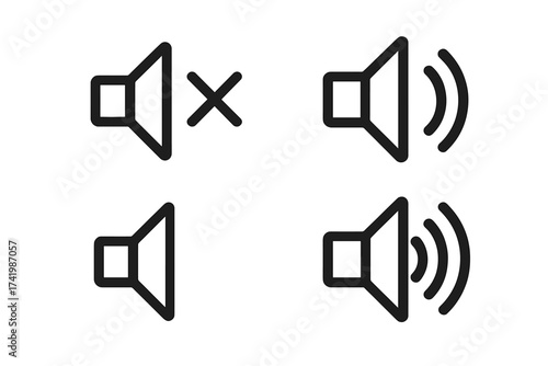 Audio sound icon set with mute, low volume, medium volume, and high volume symbols. Vector illustration isolated on white background, transparent background, ordered sound control buttons.