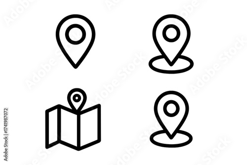 Location pin and map vector icon set. GPS navigation pointer and destination marker symbol. Simple line art illustration for web, app, and interface design. Place locator.