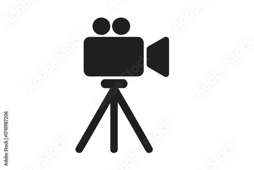 Video camera icon with tripod silhouette. Classic movie camera vector illustration with two reels, tripod stand, and lens. Cinema, filming, recording equipment symbol.