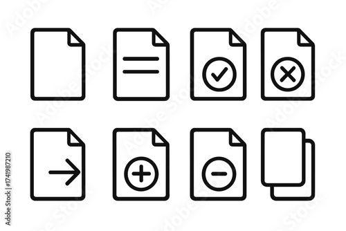 Simple document and file icons set with check, cross, add, remove, arrow and duplicate symbols, minimalistic vector illustration, office and digital use, transparent background
