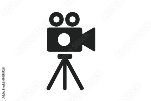 Vintage Film Video Camera Icon with Tripod Stand, Black Silhouette Vector Illustration, Transparent Background, Classic Movie Cinema Equipment Symbol for Media and Film Production