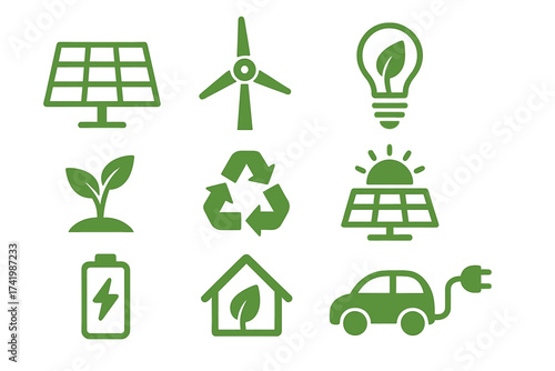 Vector icon set of green energy and sustainability. Eco friendly power sources like solar panel, wind turbine. Electric car, recycling, and renewable resources concept.