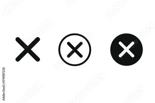 Wrong icon set with cancel, delete, and reject symbols, vector illustration, transparent background, simple black X marks in circle and outline, button icons collection