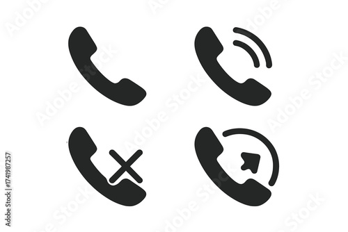 Telephone icon set vector illustration with transparent background, including call, ringing, missed call, and outgoing call symbols for communication and phone apps