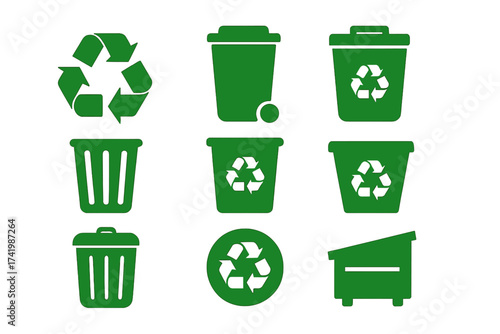 Green recycle bin icon set. Ecology and waste management concept. Vector collection of trash cans, garbage containers, and disposal symbols. Environmental separation sign.
