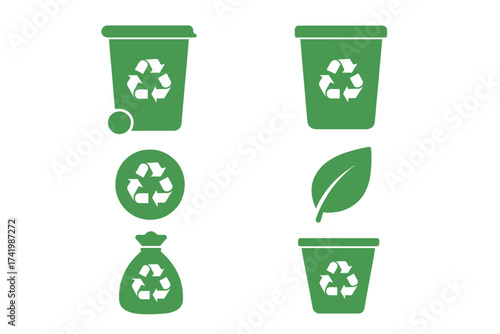Green recycle bin icon set. Ecology vector concept for waste management. Trash separation and garbage sorting symbols. Eco friendly container, can, and leaf illustration.