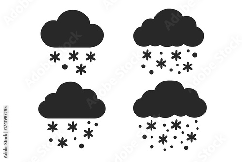 Set of black cloud icons with snowflakes and snowfall symbols, snowstorm weather vector illustration collection, transparent background, winter precipitation concept, ordered minimalist design