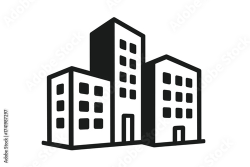 Building icon vector illustration. Property and real estate symbol. Office, apartment or company headquarters sign. City business center silhouette. Urban architecture graphic.