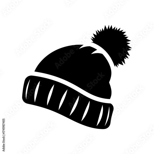Black winter hat with pompom warm headwear for cold weather isolated on white background.