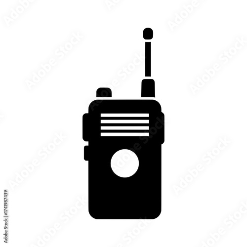 Black walkie talkie with antenna communication device radio isolated on white background.