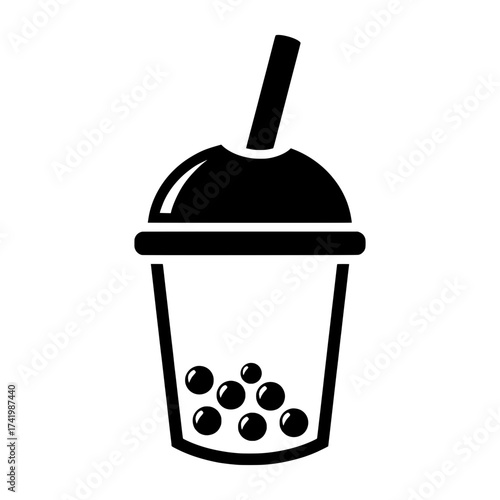 Black and white bubble tea drink with straw and tapioca pearls.