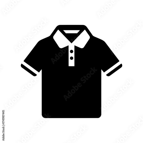 Black polo shirt icon with white collar and sleeves simple design.