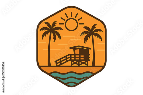 Venice Beach Los Angeles California iconic lifeguard tower with palm trees, sunny sky, ocean waves, summer beach lifestyle symbol, coastal vector illustration