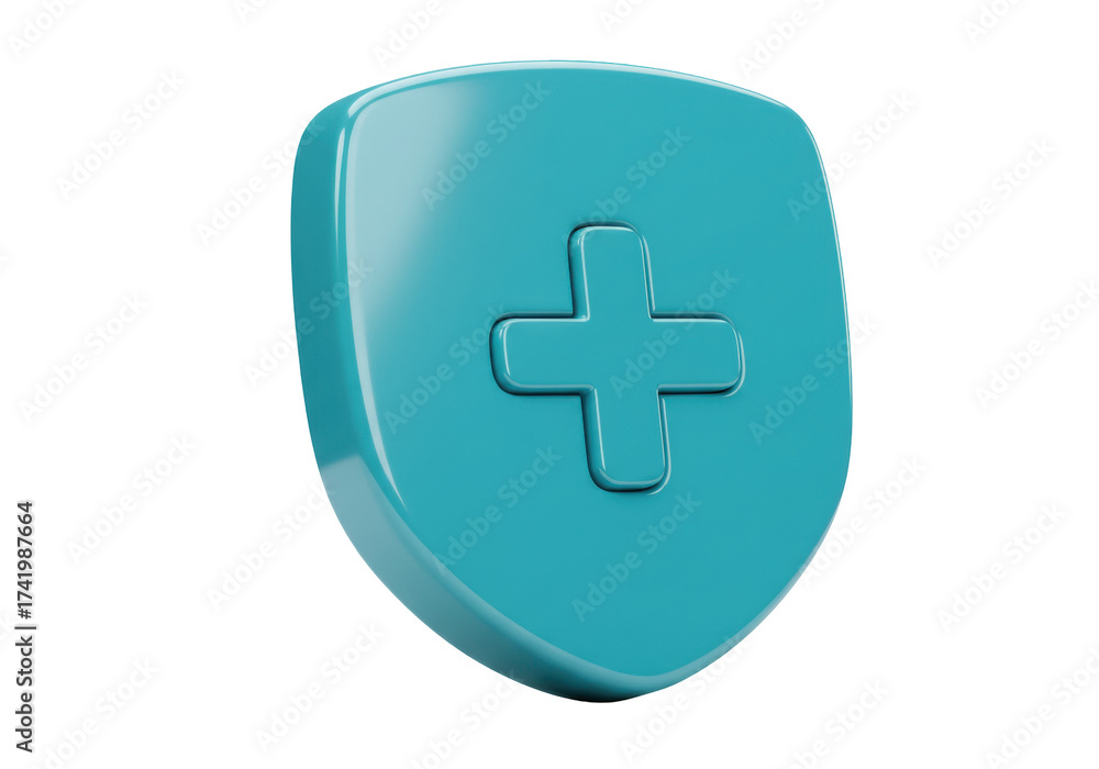 Fototapeta premium Turquoise medical shield with cross isolated PNG, protection and healthcare concept for graphic design and web use
