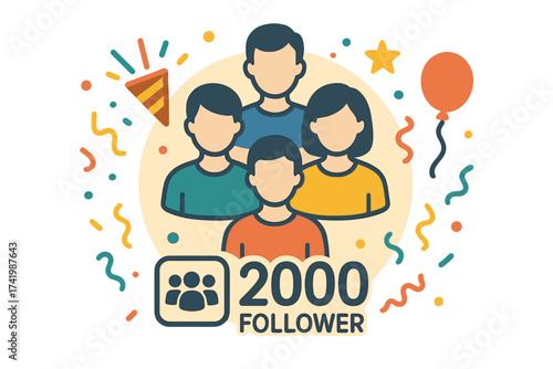 2000 followers celebration vector design. Thank you for 2k followers. Social media achievement banner with community icons, confetti and balloons for a web post or blog.