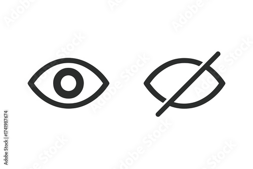 Hide and show vector icons with eye symbol. Visibility toggle button for user interface design. View and no view sign. Password visibility icon set on transparent background.