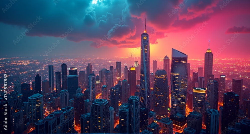 Fototapeta premium This dynamic art captures a sprawling modern city with towering skyscrapers under a dramatic, vibrant twilight sky.