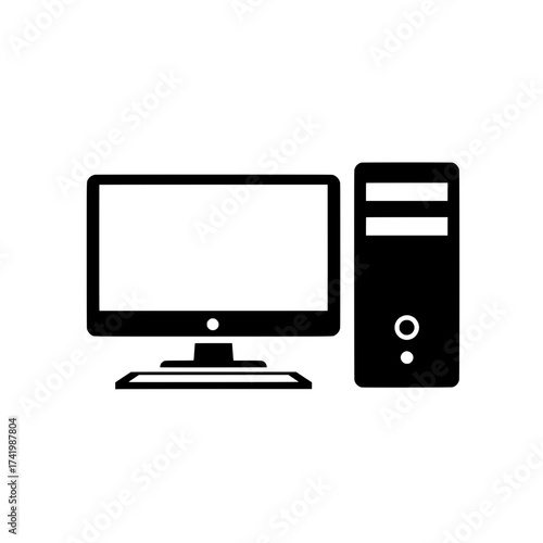 Desktop computer with monitor and tower black and white icon.